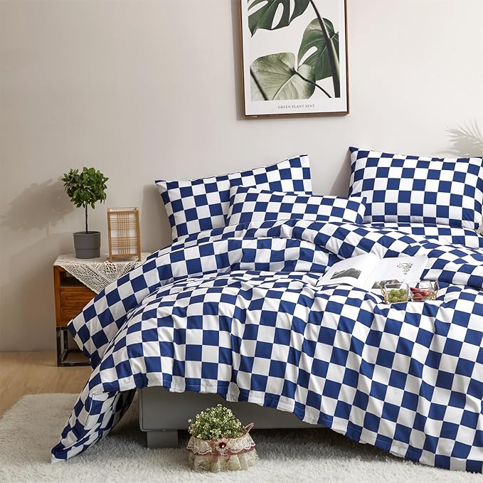 CLOTHKNOW Blue White Plaid Queen Comforter Set 3Pcs Grid Bedding Comforter Sets Checkerboard Comforter Royal Blue White Comforter with 2 Pillow Cases