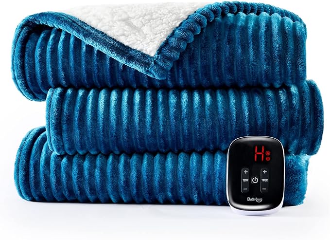 Bearhug Electric Heated Blanket, 62"x84" Ribbed Flannel & Sherpa Fast Heating Blanket, 10 Heating Levels & 1-12H Auto Off, Over-Heat Protect, ETL, Machine Washable