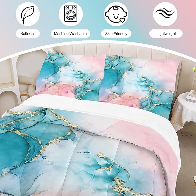 Pink Teal Marble Bedding Set Abstract Art Marbled Comforter Sert Full Size for Kids Girls Teens Marbling Pastel Bed Set Watercolor Pink Teal Blue Quilt Set with 1 Comforter + 2 Pillowcases