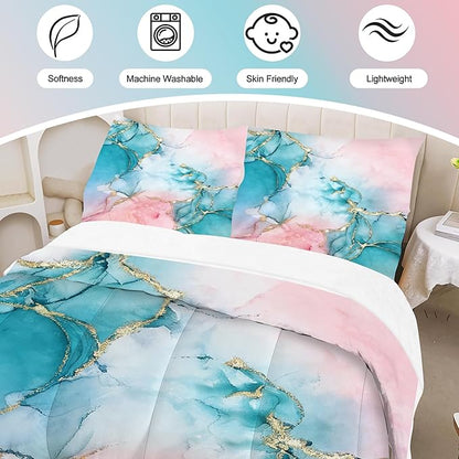 Watercolor Marble Comforter Set Queen Size Pink Teal Gold Bedding Set for Kids Girls Women Room Decor Abstract Art Marbling Bed Set Modern Teal Blue Quilt Set with 1 Comforter + 2 Pillowcases