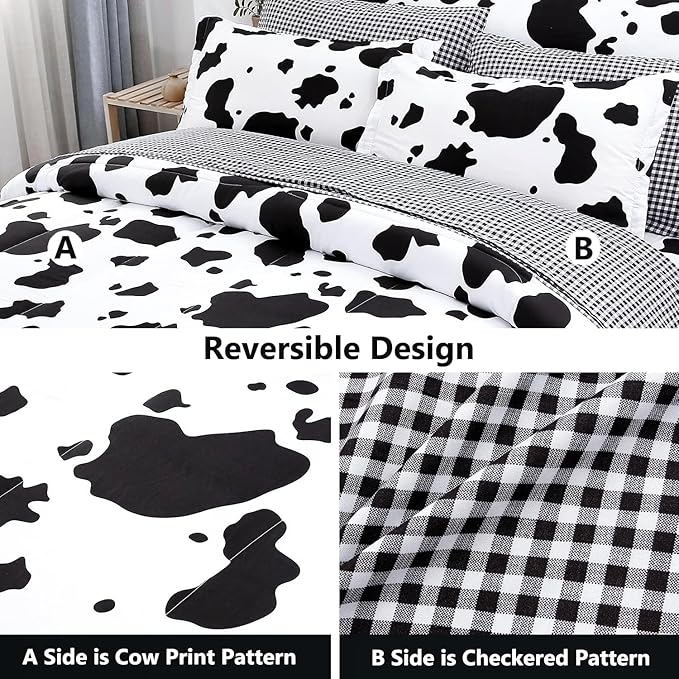 PERFEMET Cow Print Bedding Comforter Set Queen Size Black and White Reversible Geometric Checkered Bedding Set for Kids Teens Boys Girls Rustic Animal Cowhide Pattern Bed Quilt Set