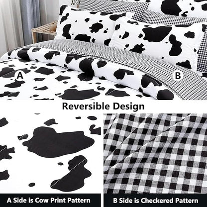 PERFEMET Cow Print Twin Comforter Set for Boys 3 Pieces Black White Teen Boy Bedding Sets Reversible Plaid Kids Bed Set for Teens Girls (Twin, Black and White)
