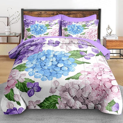 Comforter Set Queen Size, Hydrangea Flower Leaves 7 Pcs Bedding for Kids and Adults, Floral Purple Summer Bed Sheet Sets with Fitted Sheet 2 Pillowcases & 2 Shams for Bedroom Bed Decor