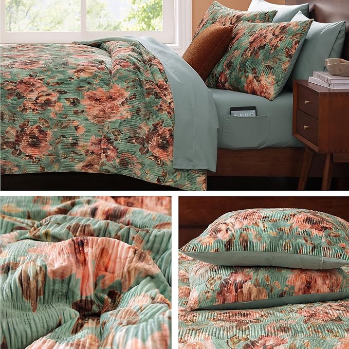 CASAAGUSTO King Comforter Set, 7 PCS Sage & Red Floral Comforter Set with Flowers Leaves Pattern, Soft Velvet Design for Winter King Size Bedding Set(102"X90")