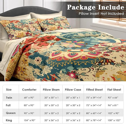 Comforter Set Twin Size, Vintage Colorful Flower 5 Pcs Bedding for Kids and Adults, Floral Retro Beige Bed Sheet Sets with Fitted Sheet Pillowcase & Sham for Bedroom Bed Decor