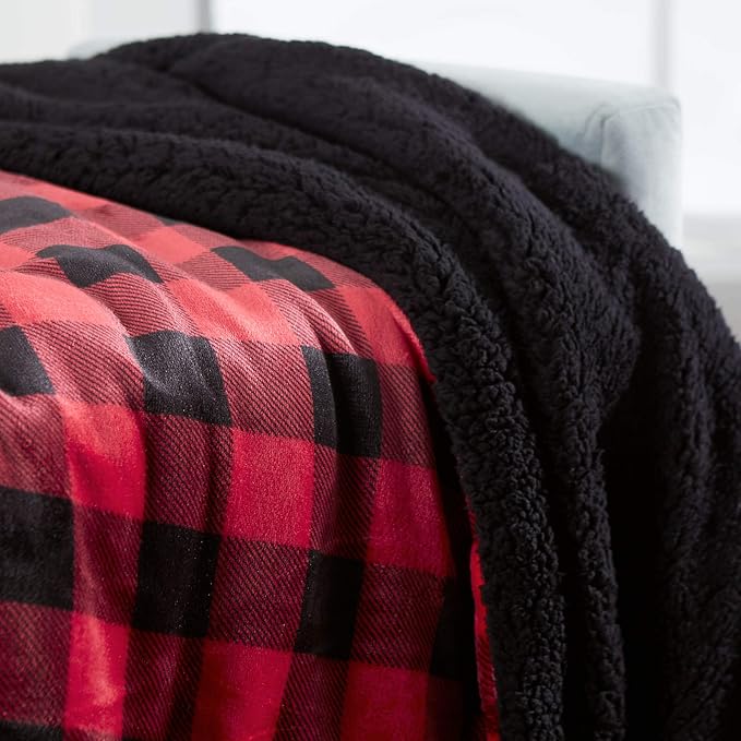 Genteele Sherpa Throw Blanket Super Soft Reversible Ultra Luxurious Plush Blanket, 102 x 90 inches, Buffalo Check Red/Black
