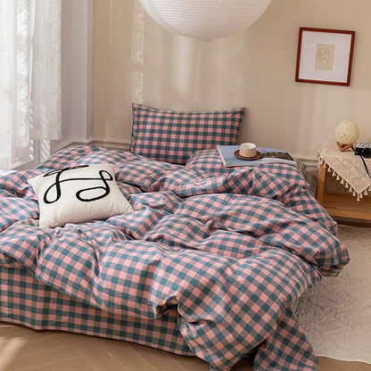 VM VOUGEMARKET Plaid Bedding Comforter Set King Pink Purple Blue Plaid Grid Down Comforter with 2 Pillowcases,Modern Women Girls Quilt Set