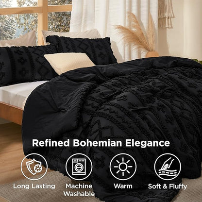 Bedsure Tufted Boho Comforter Set King Size - Black Boho Bed Set, GentleSoft™ 3 Pieces Farmhouse Shabby Chic Embroidery Bedding, Gifts for Woman, Soft Jacquard King Comforter for All Seasons