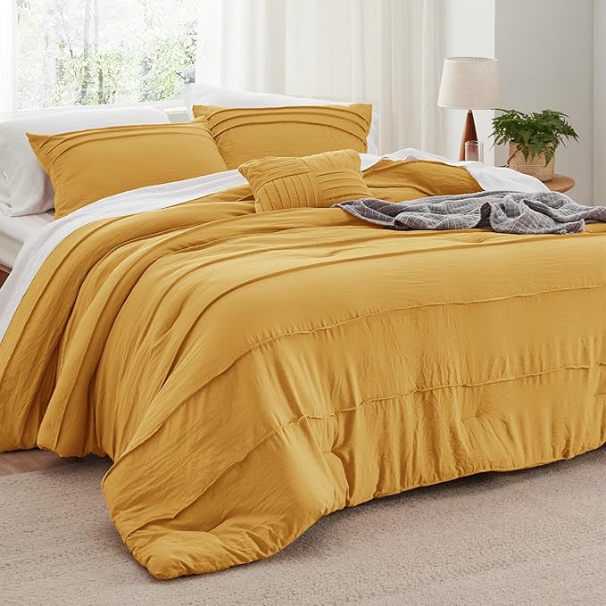 Bedsure King Comforter Set - 4 Pieces Pinch Pleat Bed Set, Mustard Yellow Boho Bedding for All Season, 1 Soft Comforter, 2 Pillowcases, 1 Decorative Pillow