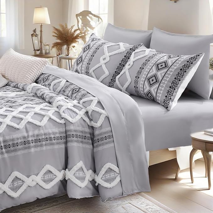 MOVE OVER Boho Tufted Comforter Set King Size 5 Pieces Farmhouse Bedding Set 100% Soft Microfiber Boho Aztec Bedroom Comforter Set Modern Style Ethnic Gray Tufted Bed Set for All Seasons
