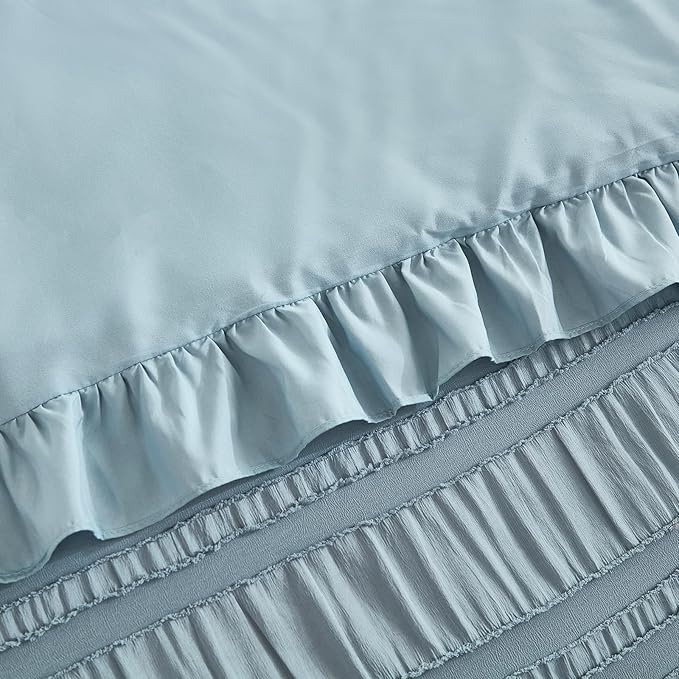 WONGS BEDDING Blue Comforter Set King,3 Pieces Ruffle Farmhouse Shabby Chic Boho Comforter for King Bed,Soft Textured Bedding Set with 1 Ruffle Comforter,2 Tufted Pillowcases 104"×90"
