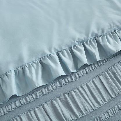 WONGS BEDDING Blue Comforter Set King,3 Pieces Ruffle Farmhouse Shabby Chic Boho Comforter for King Bed,Soft Textured Bedding Set with 1 Ruffle Comforter,2 Tufted Pillowcases 104"×90"