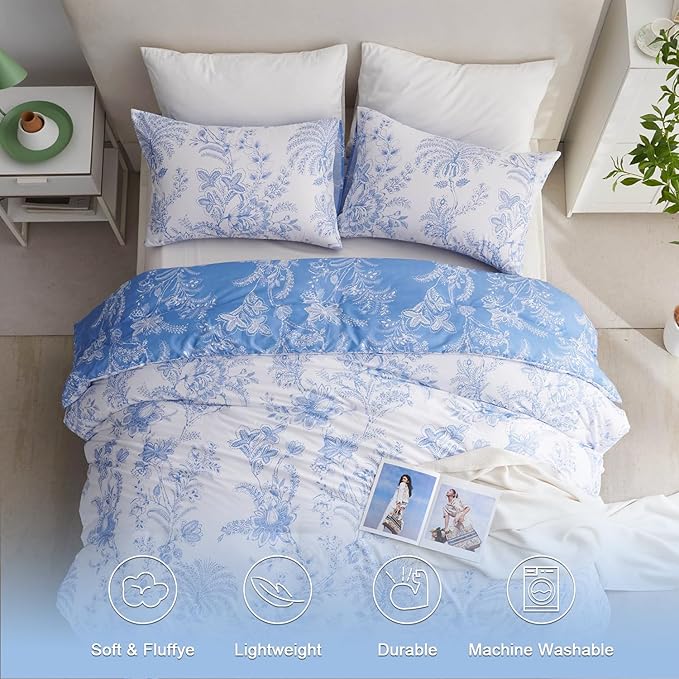 Nayoroom Blue Floral Comforter Set Queen Size White Coquette Bedding Comforter Set 3 Pieces Soft Lightweight Cottagecore Flower Comforter for All Seasons (1 Comforter, 2 Pillow Shams)
