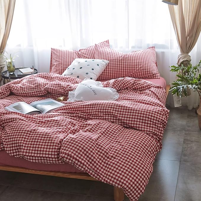 mixinni Red Gingham Comforter Set Queen, Plaid Comforter Set 3 Pieces 1 Red Grid Comfoter with 2 Pillow Cases for All Seasons, Soft Fluffy Modern Grid Pattern Printed Bedding-Queen Size