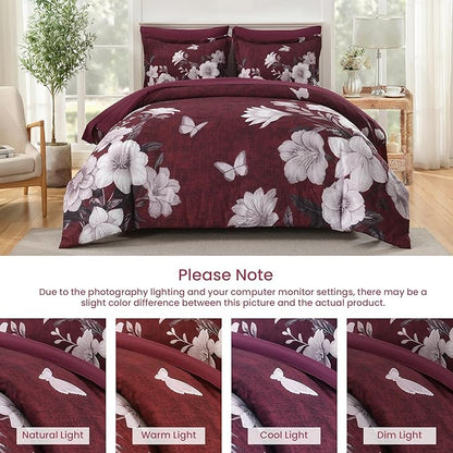 Floral King Size Comforter Set, 7 Pieces Burgundy Bed in a Bag, Elegant Floral Butterfly Comforter and Sheet Set, Soft Microfiber Bedding Sets for All Seasons(Burgundy,104"x90")
