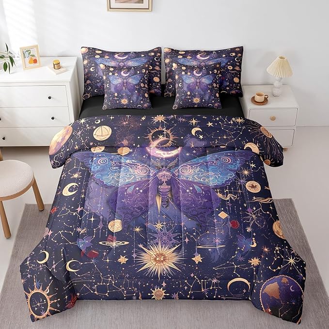 Erosebridal Purple Butterfly Comforter Set Twin 7 Piece,Gold Sun Moon and Stars Bedding Set Boho Trippy Room Decor,Galaxy Constellation Bed in a Bag with Fitted Sheet,Flat Sheet,Pillowcases & Shams