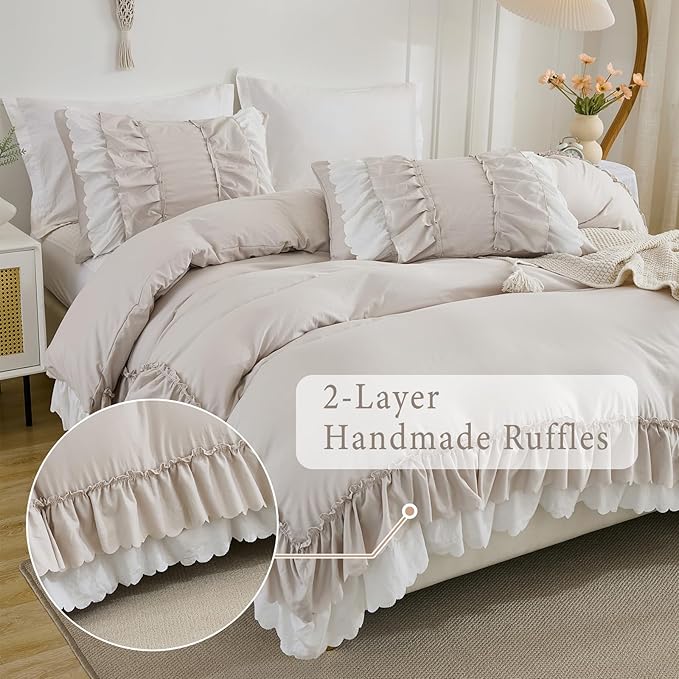 Herside Beige Ruffle Comforter Set Queen Size,Boho Shabby Chic Bedding Sets, Soft Fluffy Comforters Sets for All Season,Vintage Ruffled 3 Pcs Microfiber Lightweight Quilt Set Gift for Women Girls