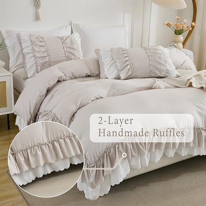 Herside Beige Ruffle Comforter Set Queen Size,Boho Shabby Chic Bedding Sets, Soft Fluffy Comforters Sets for All Season,Vintage Ruffled 3 Pcs Microfiber Lightweight Quilt Set Gift for Women Girls
