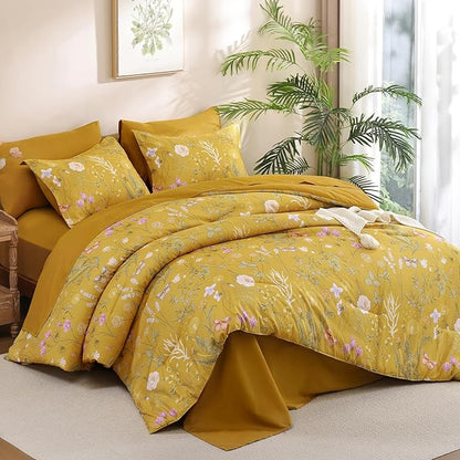 Yiran Queen Comforter Set, 7 Pieces Yellow Floral Soft Bedding Sets, Queen Bed in a Bag with Botanical Flowers All Season Comforter, Sheets, Pillowcases & Shams