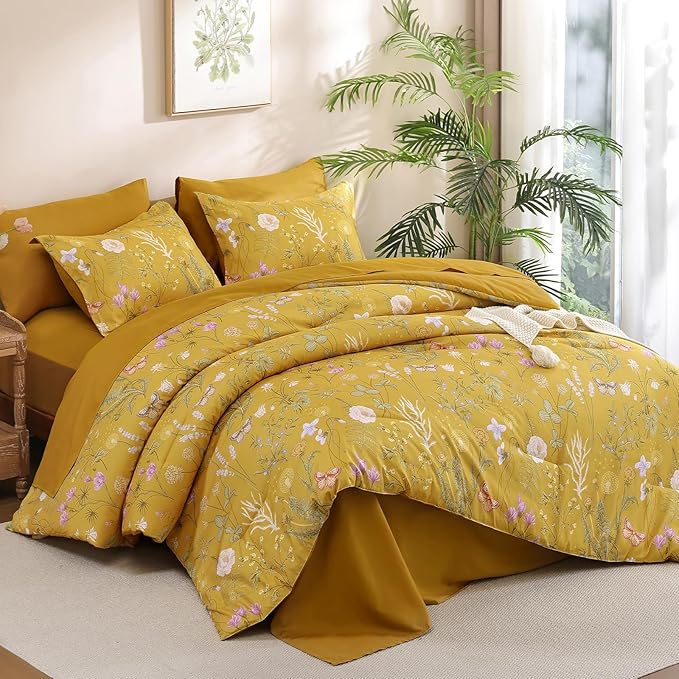 Yiran King Size Comforter Set, 7 Pieces Yellow Floral Soft Bedding Sets, King Bed in a Bag Botanical Flowers All Season Comforter, Sheets, Pillowcases & Shams