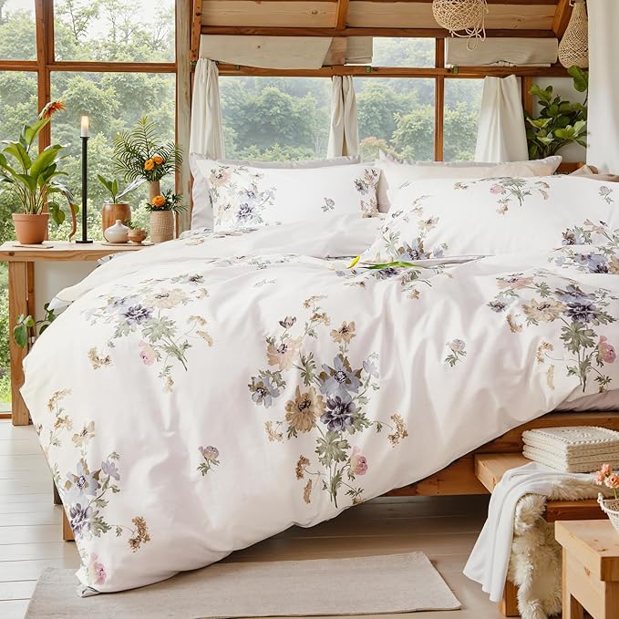 Floral Comforter Queen Size 100% Cotton Comforter with Blush Blue Floral 3 Pieces Vintage Botanical Bedding Sets Soft and Lightweight Comforter Set for All Seasons
