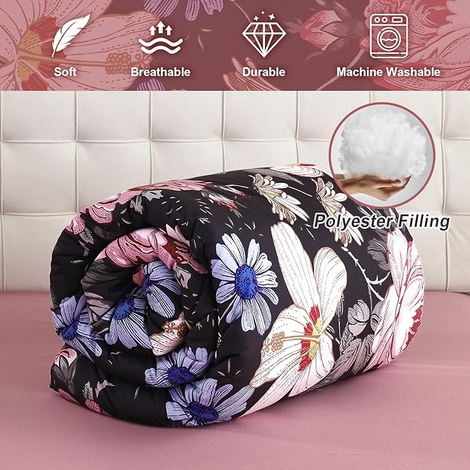 Luxudecor King Comforter Set 7 Pieces Bedding Sets,Black Pink Floral Comforter and Sheet Set,Soft Microfiber Bed in a Bag for All Seasons (Black Pink,104"x90")
