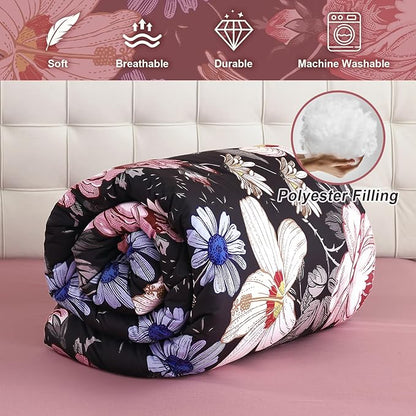 Luxudecor Queen Comforter Set 7 Pieces Bedding Sets,Black Pink Floral Comforter and Sheet Set,Soft Microfiber Bed in a Bag for All Seasons (Black Pink,90"x90")