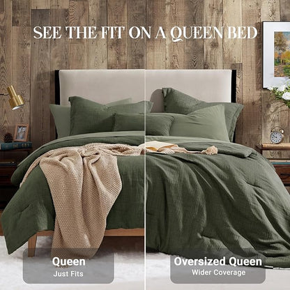 Geniospin Dark Olive Green Queen Comforter Set - 7 Pieces Comforter Queen Size, Solid Bedding Set for All Season, Textured Bed in a Bag with Sheets