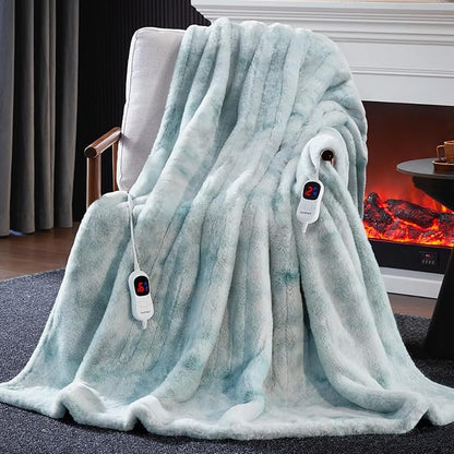 Guohaoi Heated Blanket Electric Throw, Soft Faux Rabbit Fur Electric Blanket with 10 Heating Levels 5 Sitting Timer Auto Off, Dual-Controller Heating Blankets, Machine Washable(90"×100" Blue)