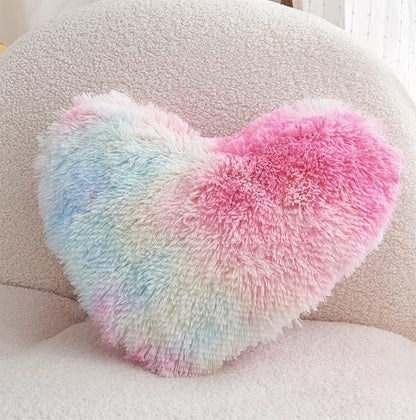 MOOWOO Rainbow Fluffy Heart Pillow,Valentines Day Decor Faux Fur Throw Pillow,Sherpa Plush Shaggy, Girl Room Decor,Heart Shape for Mothers Day,Christmas Decorations(Colorful)