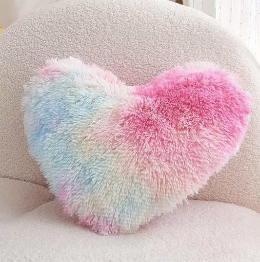 MOOWOO Rainbow Fluffy Heart Pillow,Valentines Day Decor Faux Fur Throw Pillow,Sherpa Plush Shaggy, Girl Room Decor,Heart Shape for Mothers Day,Christmas Decorations(Colorful)