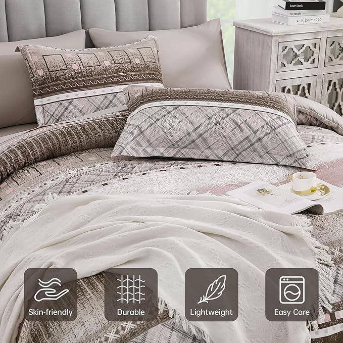 WONGS BEDDING Queen Size Comforter Set 8 Piece, Texture Striped Bed in a Bag Brown Comforter and Sheet Set, Boho Lightweight Microfiber Bedding Set for All Season (90"×90")