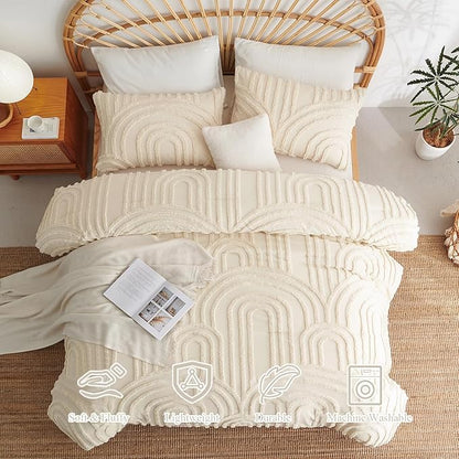 Boho Tufted Comforter Queen Size Beige Geometric Tufted Comforter Set Bohemian Arch Tufted Bed Set 3 Pieces Shabby Chic Embroidery Soft Jacquard Bedding for All Seasons with 2 Pillowshams