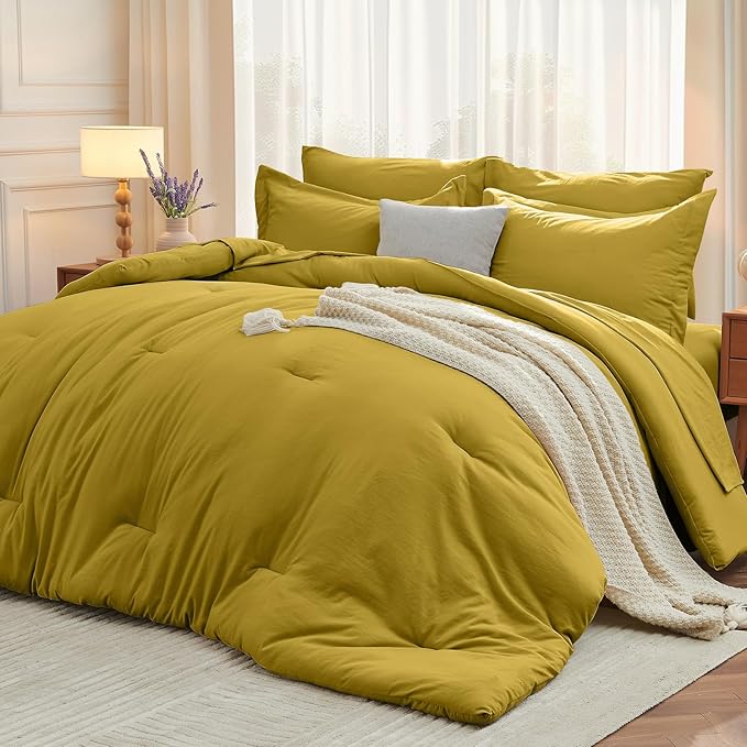MUXHOMO 7 Pieces Full Comforter Set, Soft Bed in a Bag Full Size, All Season Bedding Set with Comforter, Flat Sheet, Fitted Sheet, Pillowcases & Shams, Mustard Yellow
