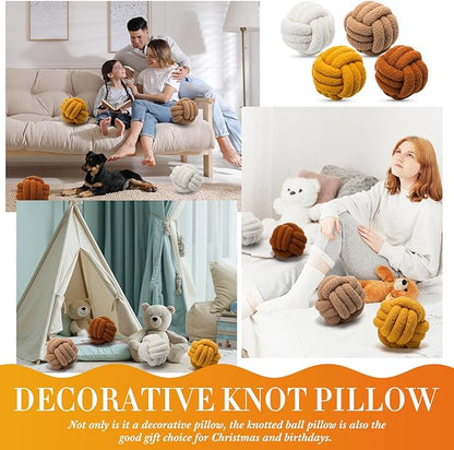 4 Pcs Knot Pillow Ball Soft Sherpa Throw Pillow 8.6'' Decorative Round Accent Pillows Aesthetic Decor Handmade Cushion for Home Couch Bed Sofa Chair(Warm)
