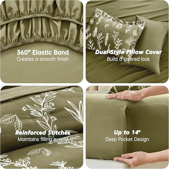 MUXHOMO Olive Green Full Comforter Set, Elegant Floral Print Bed in a Bag 7 Pieces, Ultra Soft & Breathable Reversible Botanical Pattern Bedding Set with Comforter, Sheets, Pillowcases, and Shams