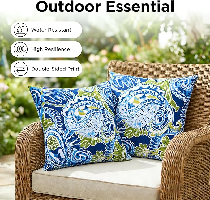 JMGBird Water-Resistant Outdoor Pillows Set of 2, 18x18 inch Durable Green Paisley Pattern Throw Pillows with Inserts for Patio Furniture