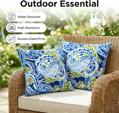 JMGBird Water-Resistant Outdoor Pillows Set of 2, 18x18 inch Durable Green Paisley Pattern Throw Pillows with Inserts for Patio Furniture