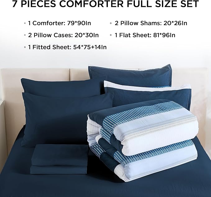 Andency Full Size Comforter Set Navy - 7 Pieces Striped Lightweight Bed in a Bag, Soft Microfiber Reversible Bedding Set with Comforter, Fitted & Flat Sheet, Pillowcases & Shams