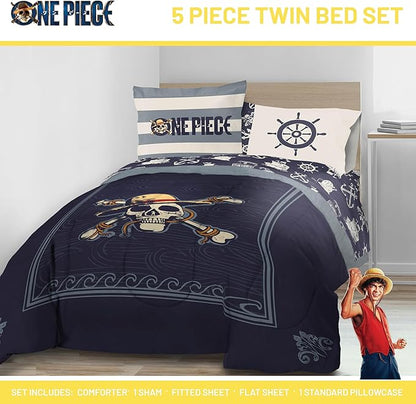Jay Franco One Piece Twin Size Comforter Set - 5 Piece Blue Bedding Includes Sheet Set & Pillow Covers - Super Soft Anime Bedding with Skull and Bones