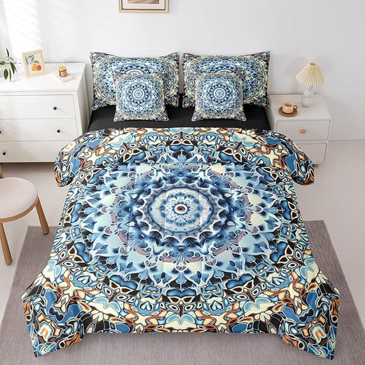Erosebridal Oriental Medallion Bedding Set Art Deco Flower Full Comforter Set 7-Piece, Retro Mandala Bedding Comforter Sets Vintage Rustic Farmhouse Bed in a Bag, Hippie Floral Bed Sheets Set