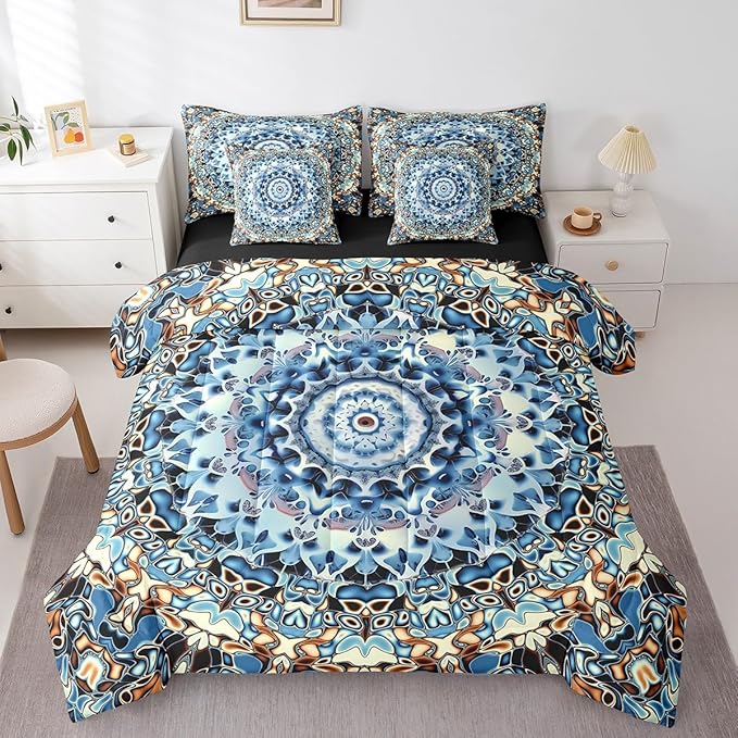 Oriental Medallion Queen Bedding Sets Art Deco Flower Comforter Set, Retro Mandala Bedding Comforter Sets 7 Pieces Vintage Rustic Farmhouse Bed in a Bag, Hippie Floral Bedding Sets & Collections