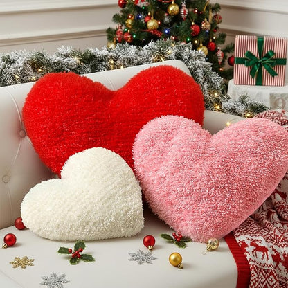 Bucherry 3 Pcs Valentine's Day Heart Throw Pillows, Red White Pink Heart Pillow Soft Decorative Back Cushion for Girls Women Bed Sofa Valentines Wedding Gifts Home Decor(Plush,Without Ruffed)