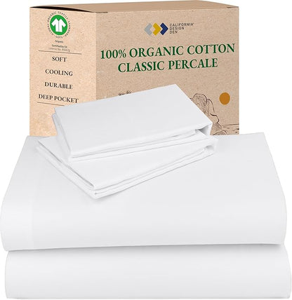 California Design Den California King Sheets Set - Soft 100% Organic Cotton Sheets with Deep Pockets, Crisp Percale, Breathable and Durable Bedding Set - White