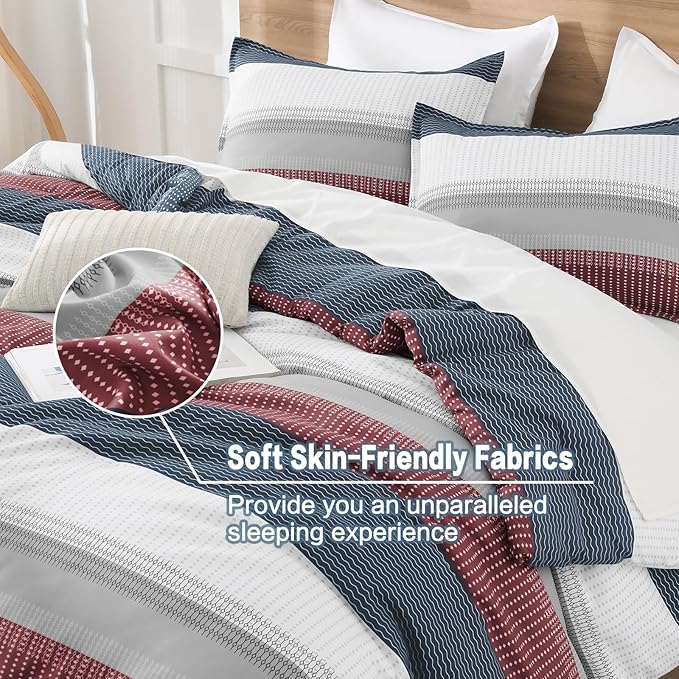 Litanika Comforter Set California King Size Red Blue - 3 Pieces Lightweight Colorblock Stripe Fluffy Bedding Comforter Sets, All Season Bed Set