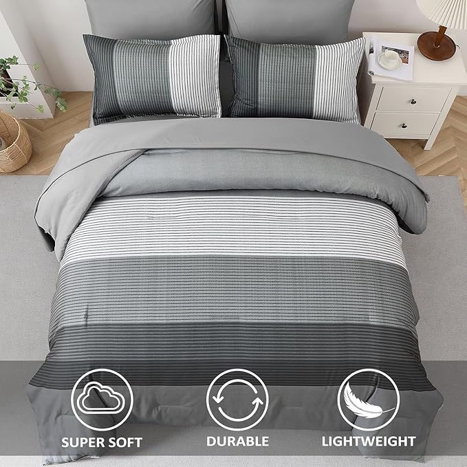WONGS BEDDING Grey Comforter Set King, Reversible Grey Striped Down Alternative Comforter for King Bed,3 Pieces (1 Comforter+2 Pillowcases), Boho Soft Microfiber Bedding Set 104"×90"