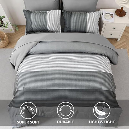 WONGS BEDDING Grey Comforter Set King, Reversible Grey Striped Down Alternative Comforter for King Bed,3 Pieces (1 Comforter+2 Pillowcases), Boho Soft Microfiber Bedding Set 104"×90"