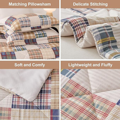Comforter Set King Size Plaid Patchwork Comforter Bedding-7 Piece Bed in a Bag,Soft Fluffy Reversible Microfiber Bedding Set(1 Comforter,1 Flat Sheet,1 Fitted Sheet,2 Pillowcases,2 Pillow Shams)Beige
