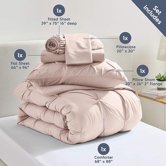 Nestl Twin Comforter Set 5 Piece, Pintuck Twin Bedding Set Blush Pink, College Dorm Room Essentials for Girls and Boys Bed in a Bag Twin All Season, Twin Comforter Set with Sheets, Pillowcase and Sham