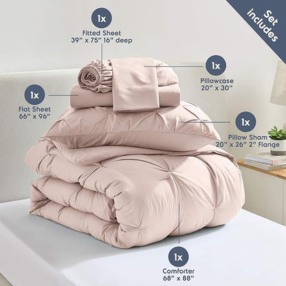 Nestl Twin Comforter Set 5 Piece, Pintuck Twin Bedding Set Blush Pink, College Dorm Room Essentials for Girls and Boys Bed in a Bag Twin All Season, Twin Comforter Set with Sheets, Pillowcase and Sham